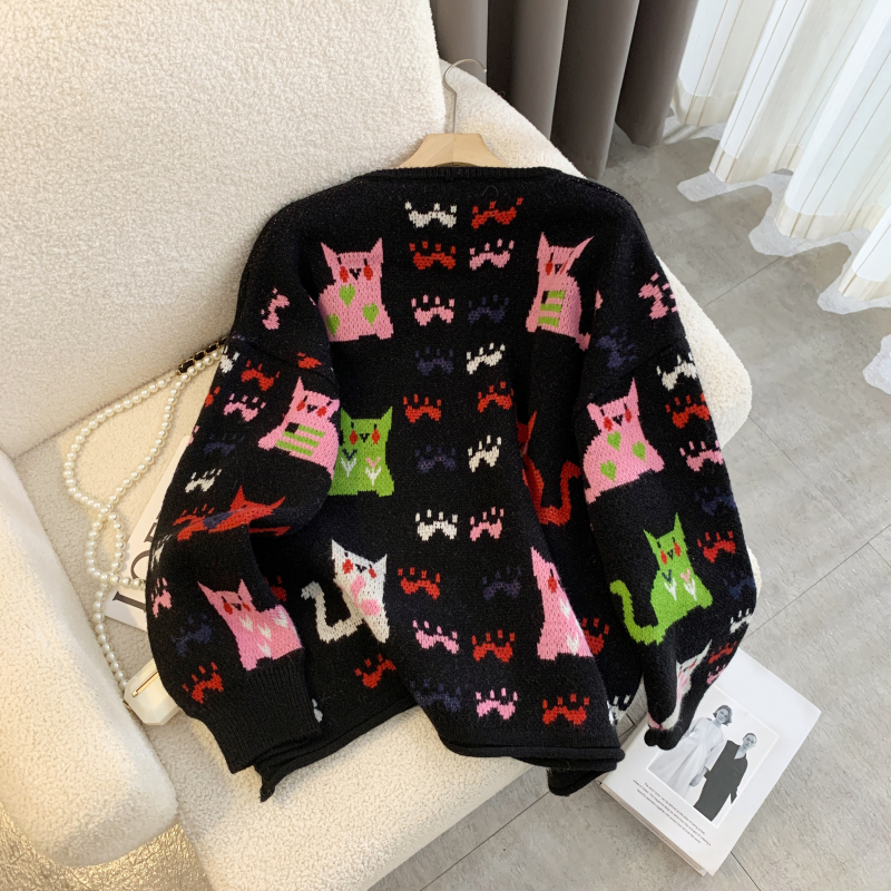 Autumn round neck cartoon cardigan thick kitten sweater