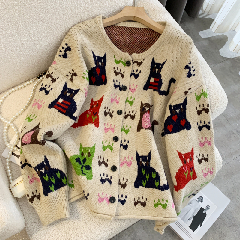 Autumn round neck cartoon cardigan thick kitten sweater