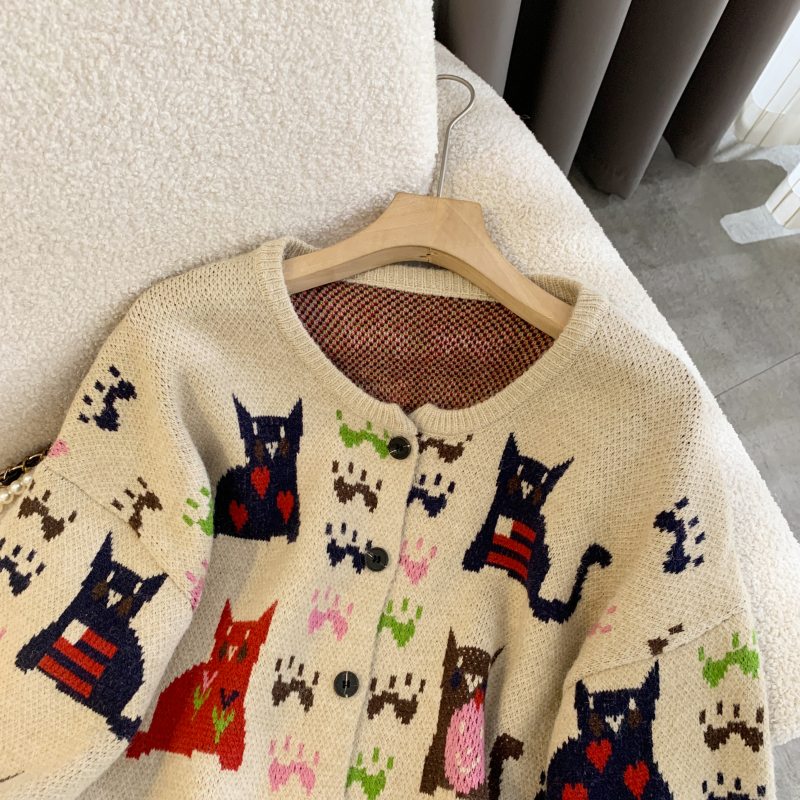 Autumn round neck cartoon cardigan thick kitten sweater