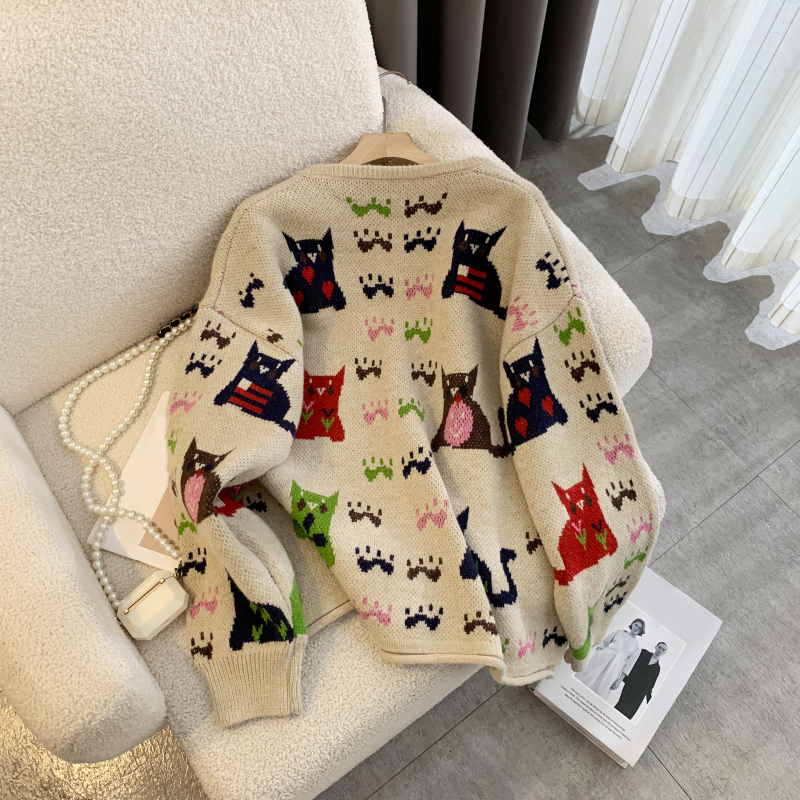 Autumn round neck cartoon cardigan thick kitten sweater