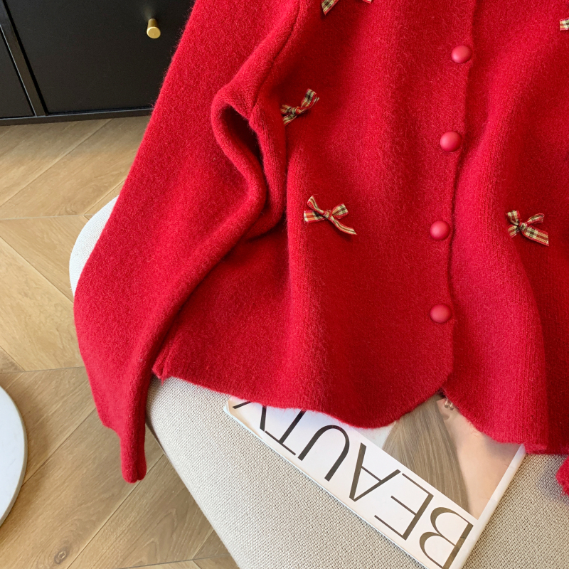 Short red spring bow sweater knitted round neck niche tops