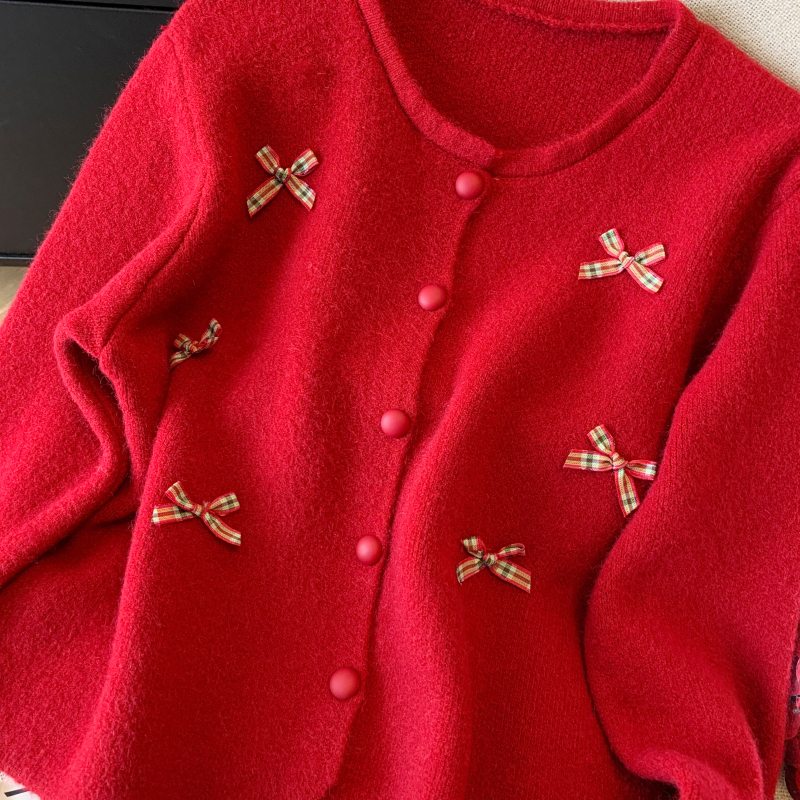 Short red spring bow sweater knitted round neck niche tops