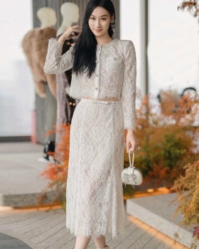 Beading long dress lace shirts 2pcs set for women