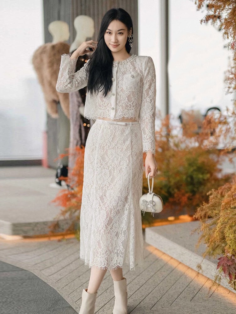 Beading long dress lace shirts 2pcs set for women