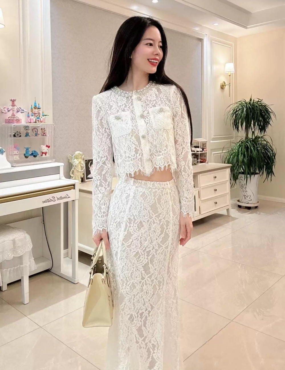 Beading long dress lace shirts 2pcs set for women