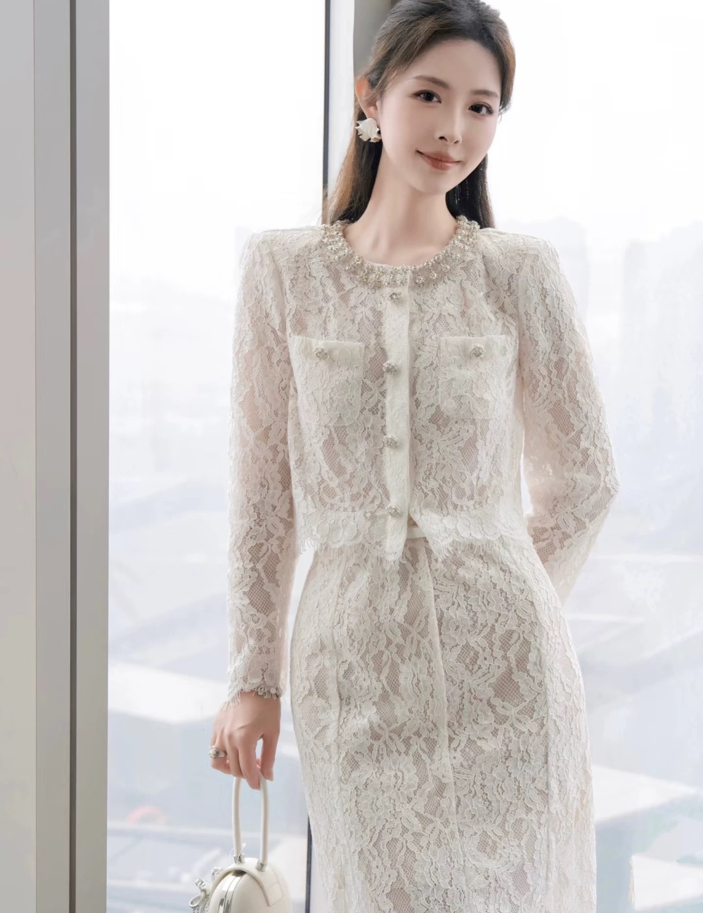 Beading long dress lace shirts 2pcs set for women