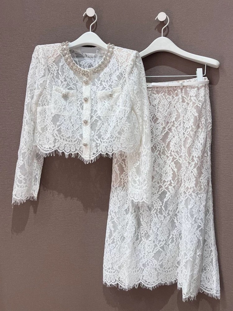 Beading long dress lace shirts 2pcs set for women