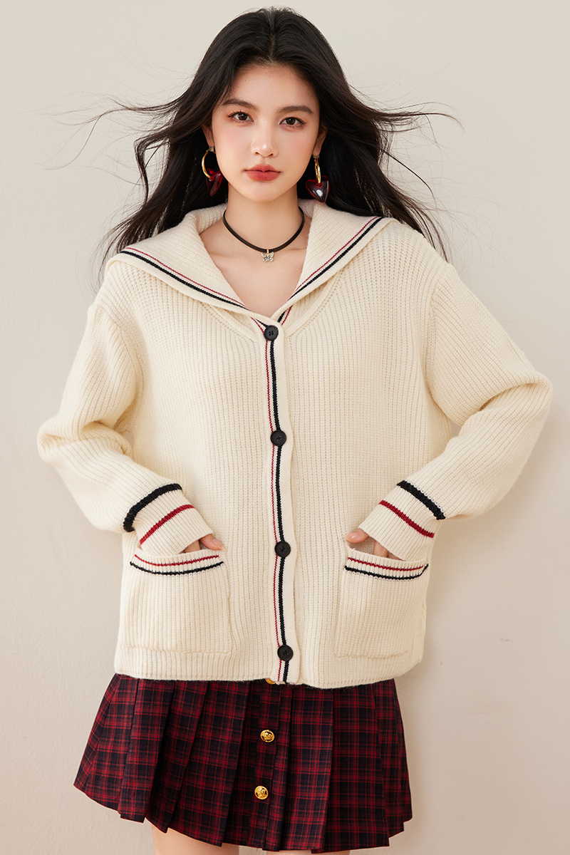 Lazy navy collar cardigan knitted coat for women