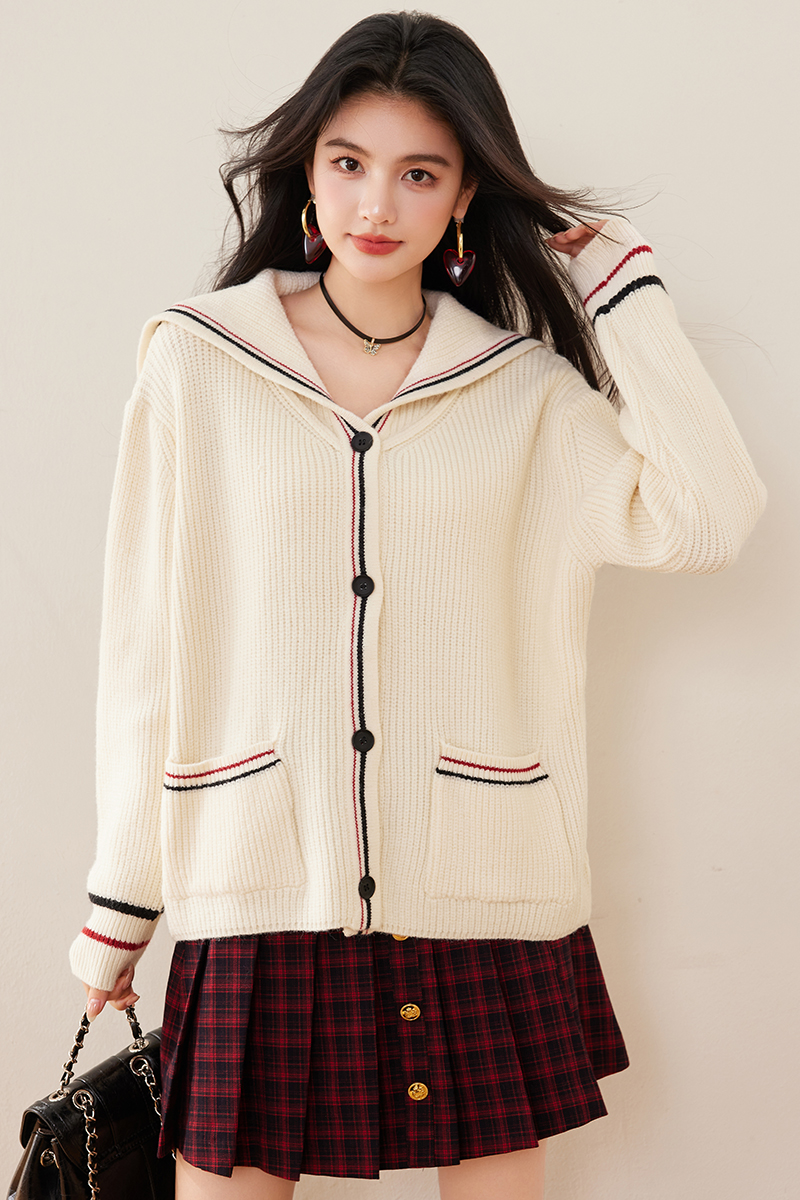 Lazy navy collar cardigan knitted coat for women