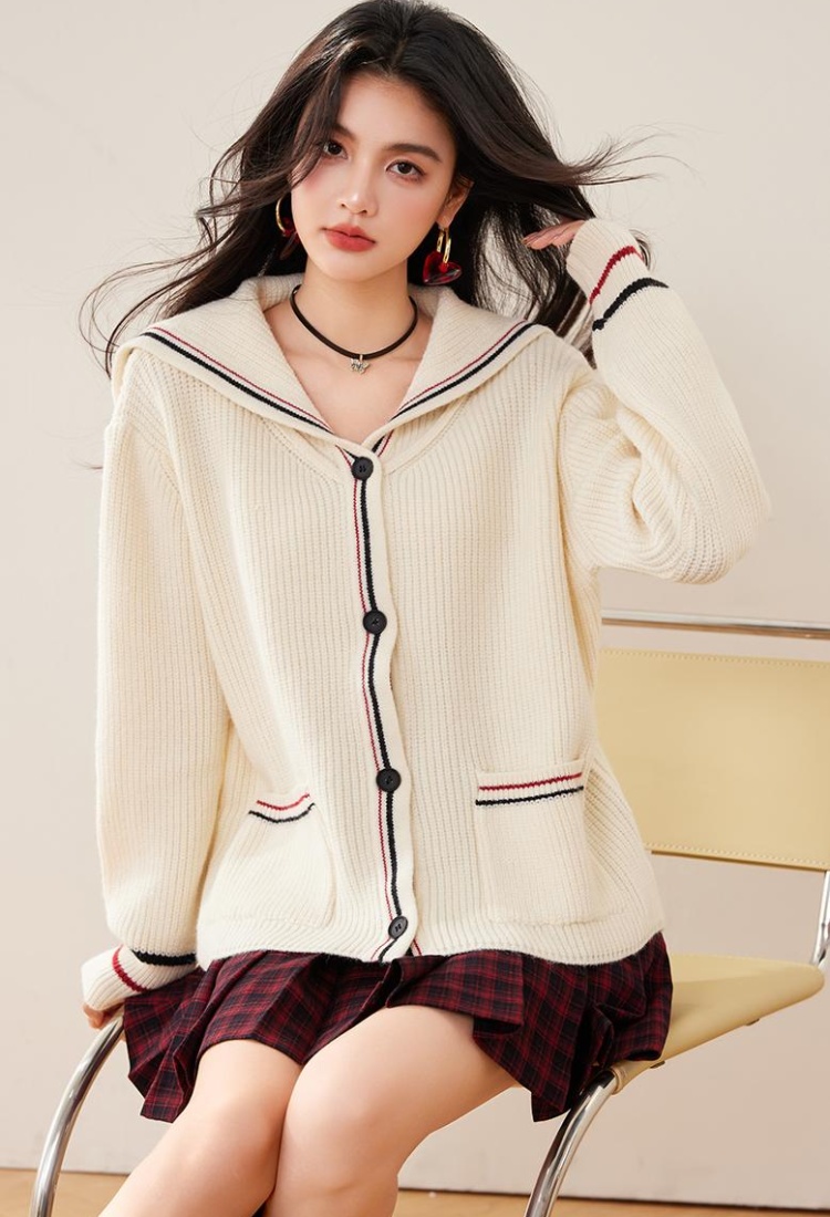 Lazy navy collar cardigan knitted coat for women