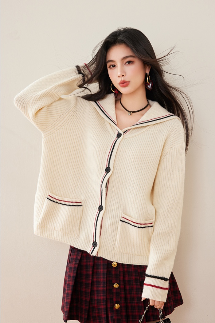 Lazy navy collar cardigan knitted coat for women