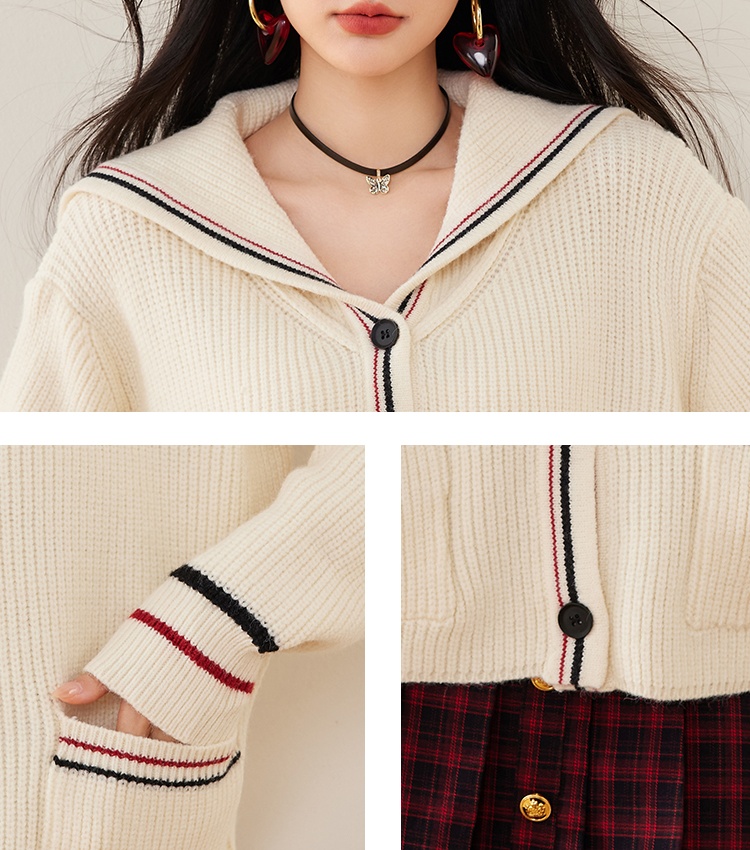 Lazy navy collar cardigan knitted coat for women