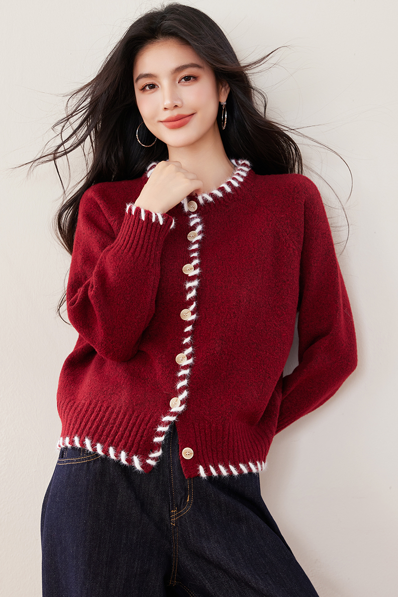 France style thick sweater red lazy cardigan for women