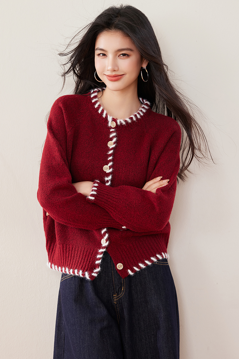 France style thick sweater red lazy cardigan for women