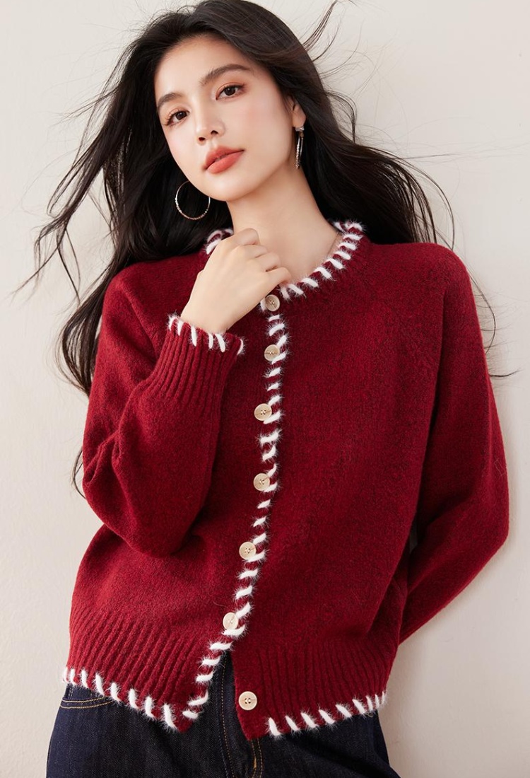 France style thick sweater red lazy cardigan for women