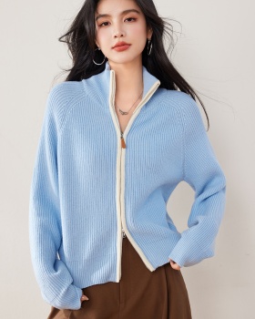 Loose zip lapel cardigan blue knitted retro tops