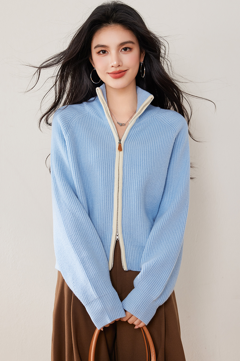 Loose zip lapel cardigan blue knitted retro tops