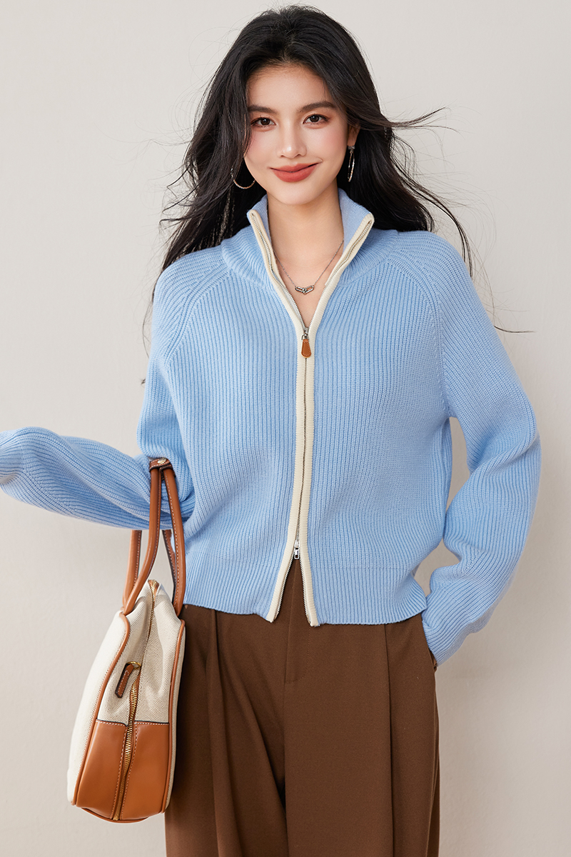 Loose zip lapel cardigan blue knitted retro tops