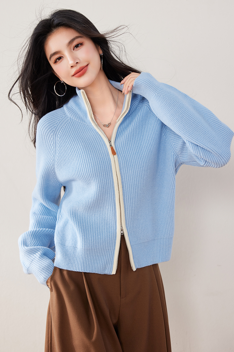 Loose zip lapel cardigan blue knitted retro tops