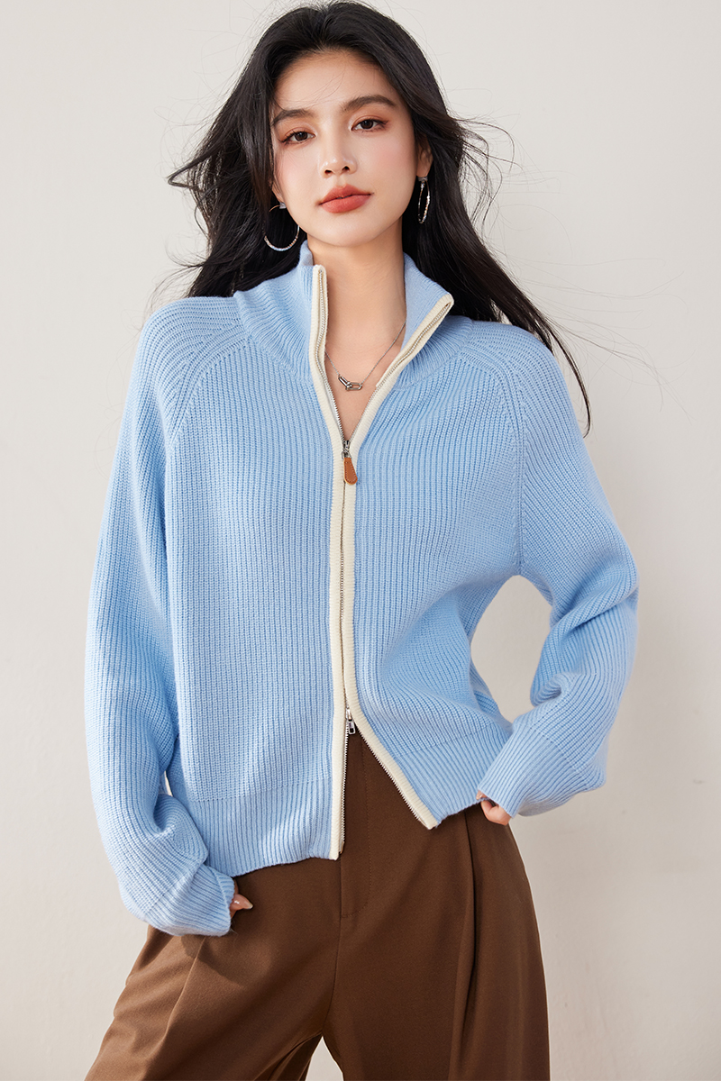 Loose zip lapel cardigan blue knitted retro tops