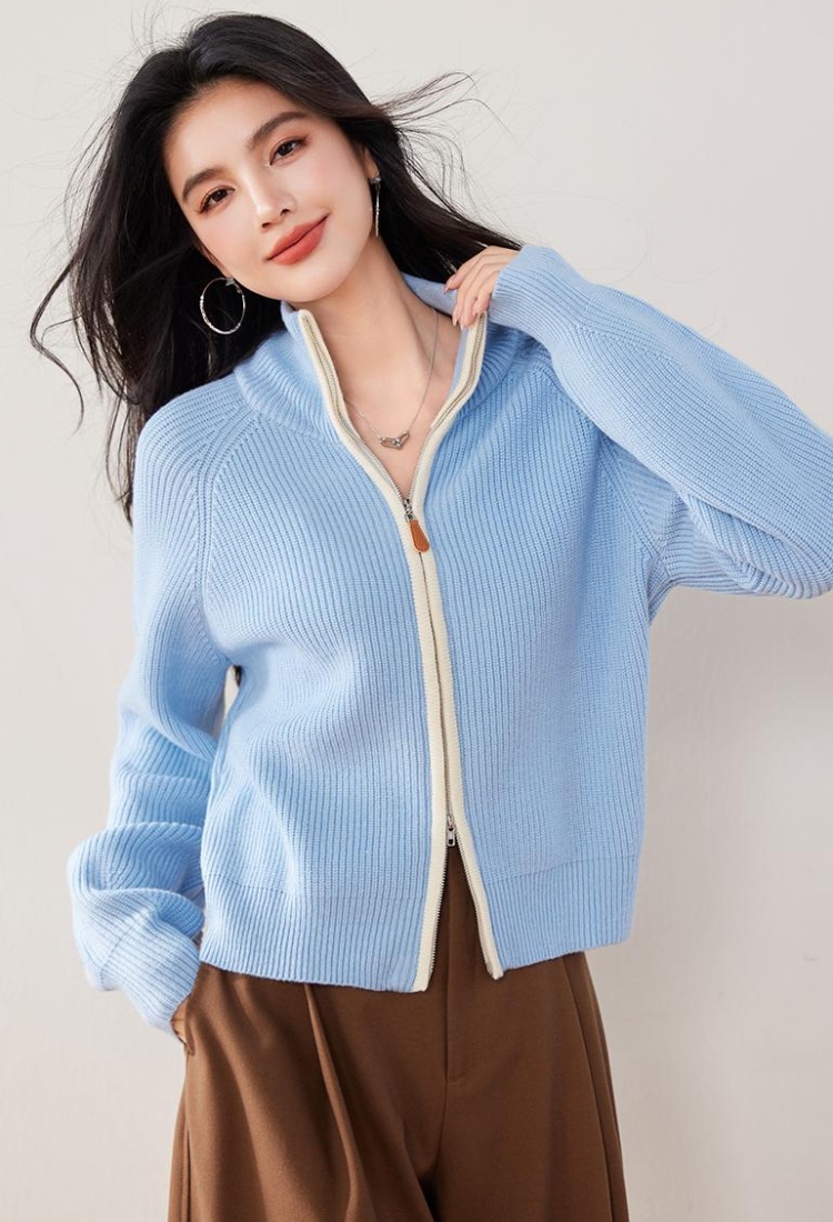 Loose zip lapel cardigan blue knitted retro tops