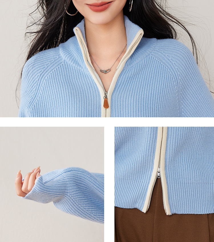 Loose zip lapel cardigan blue knitted retro tops