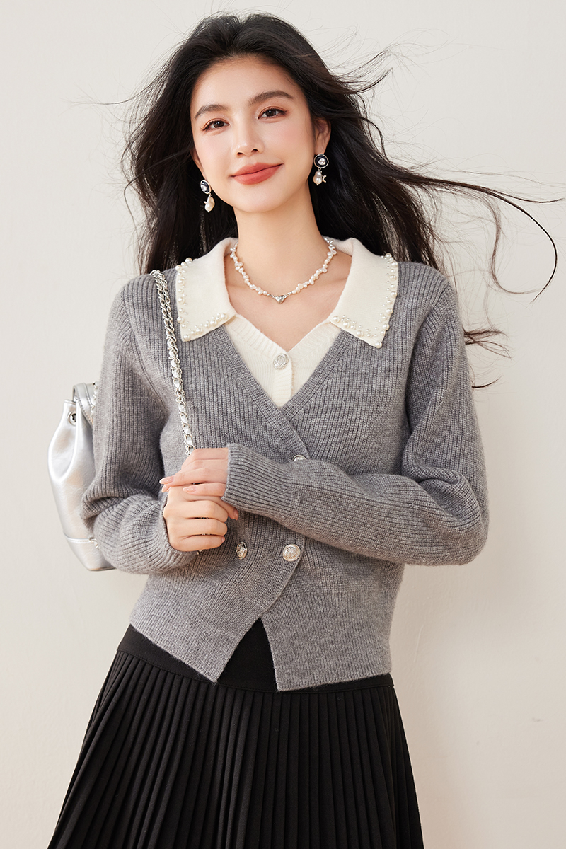 Lazy gray sweater autumn and winter Pseudo-two tops