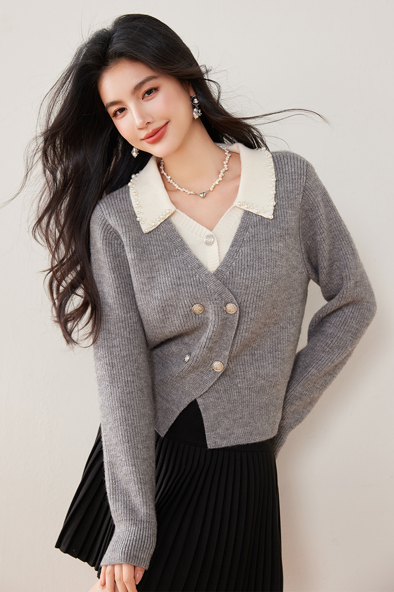 Lazy gray sweater autumn and winter Pseudo-two tops