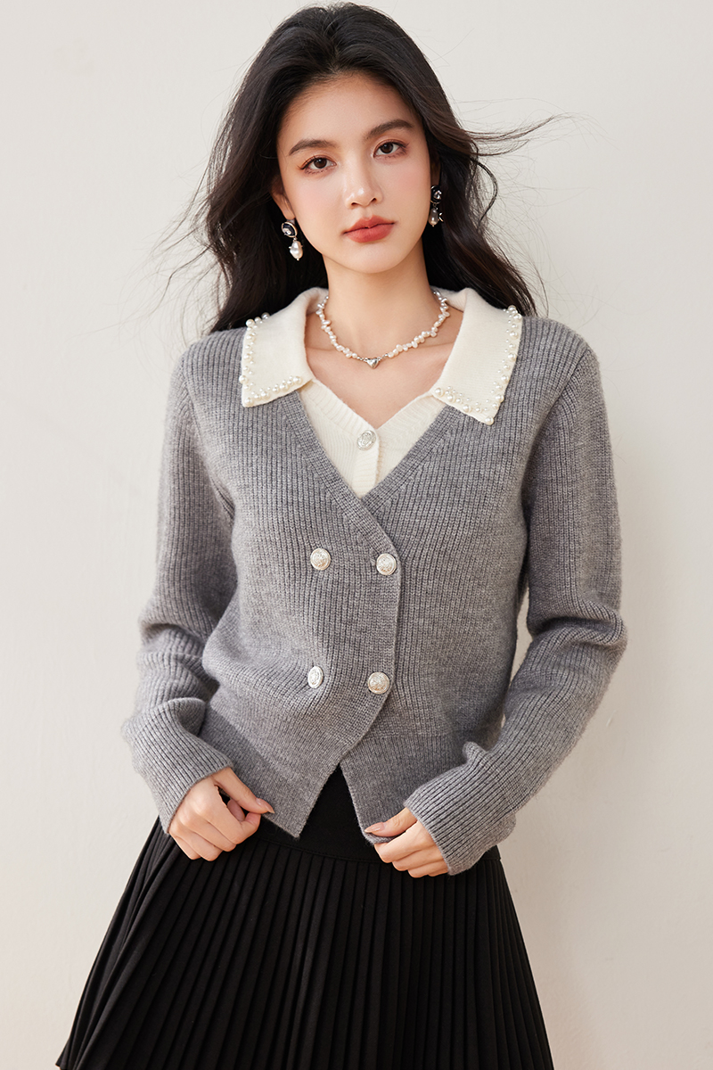 Lazy gray sweater autumn and winter Pseudo-two tops