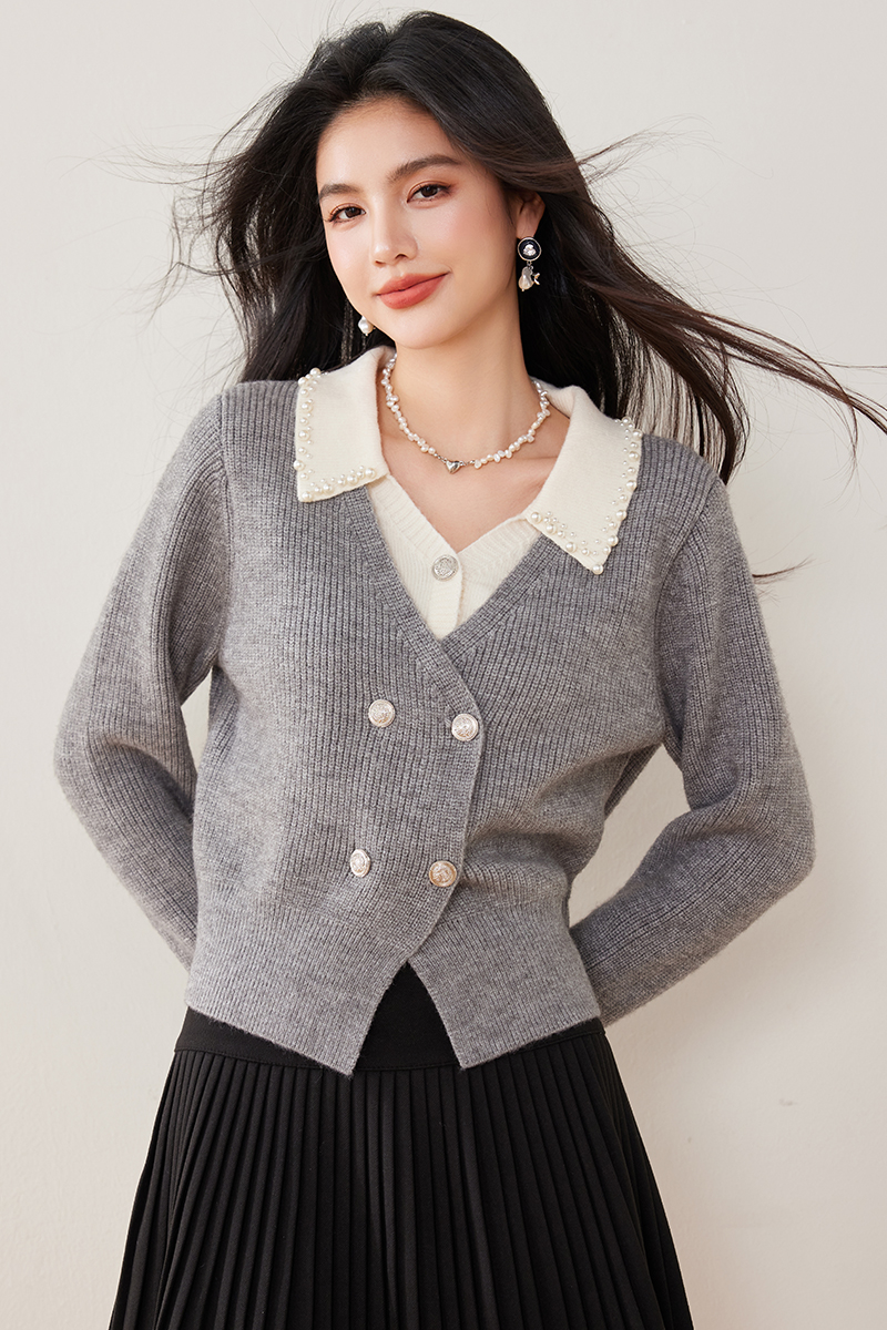 Lazy gray sweater autumn and winter Pseudo-two tops