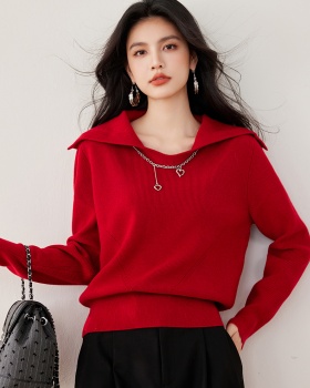 Red autumn and winter tops navy collar sweater for women