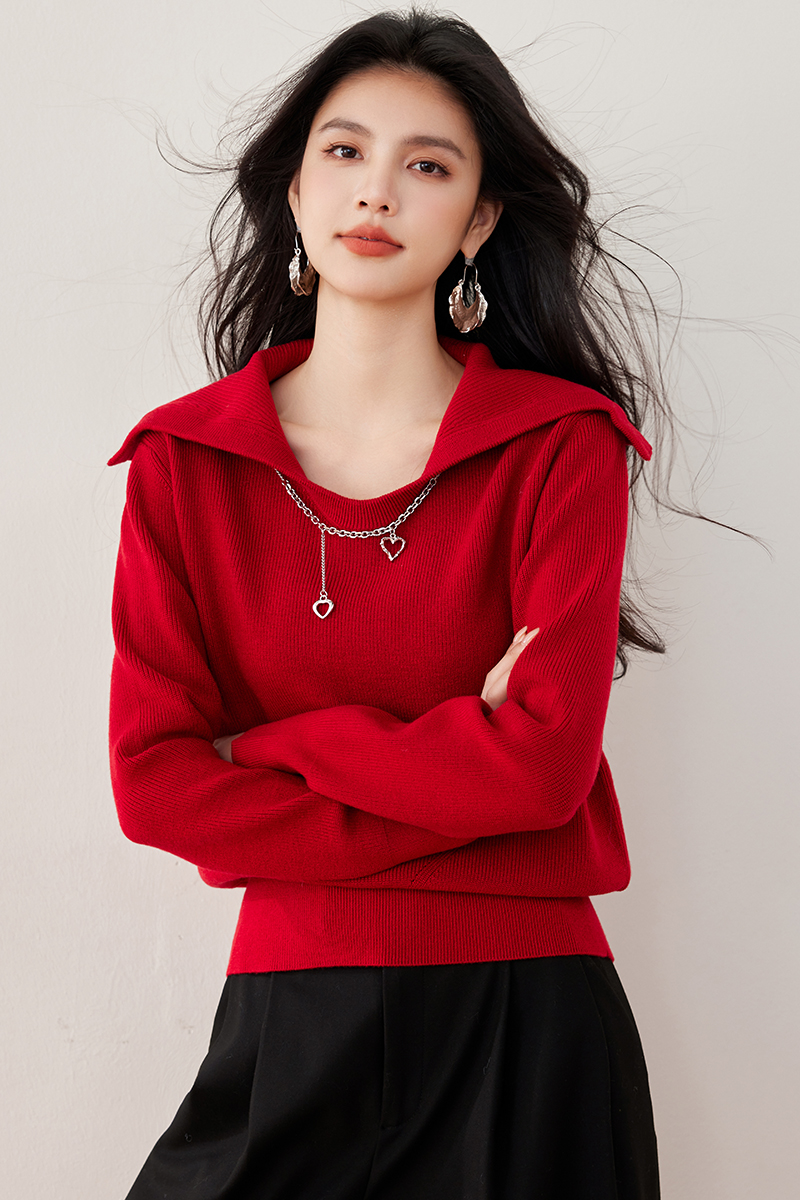 Red autumn and winter tops navy collar sweater for women