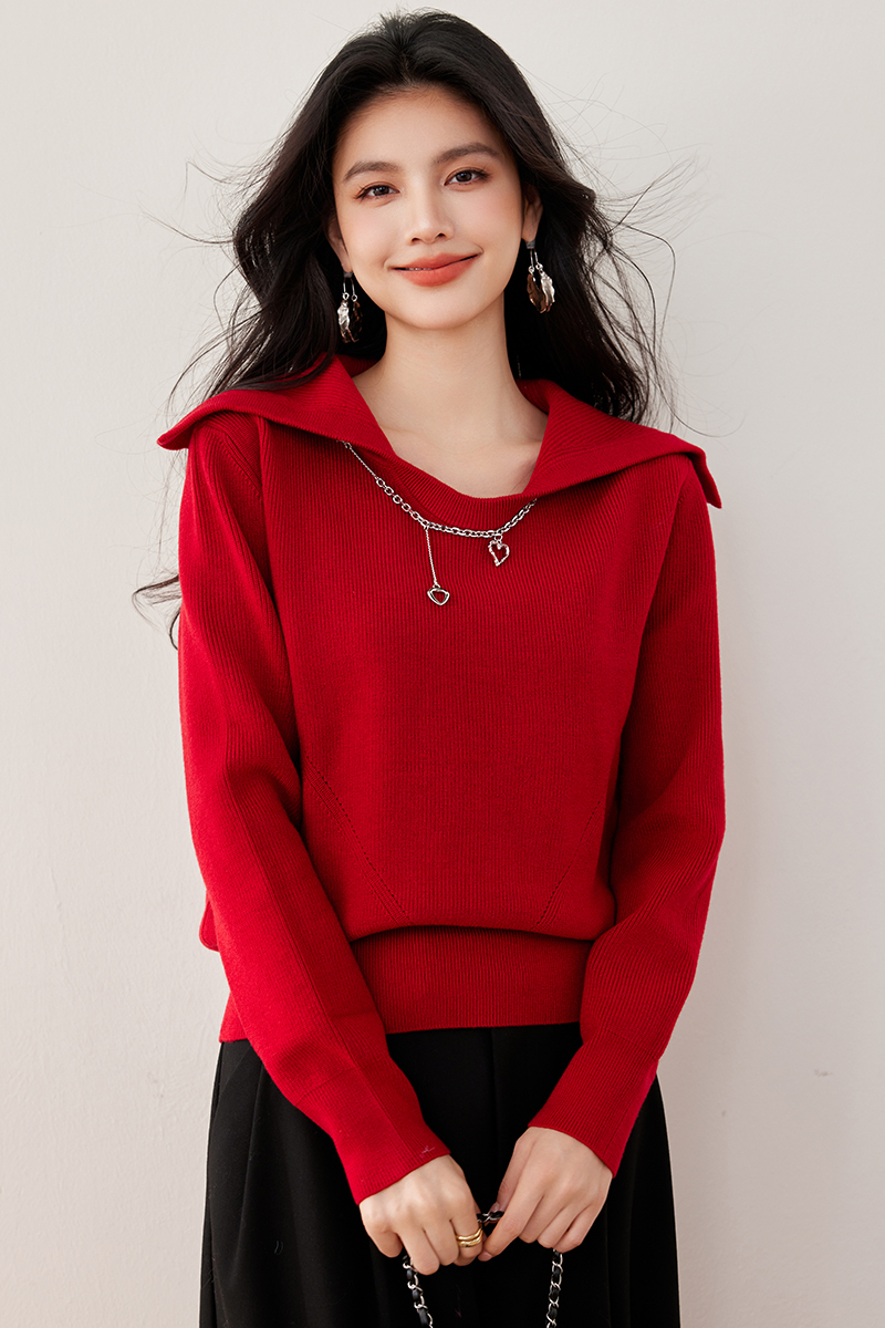 Red autumn and winter tops navy collar sweater for women