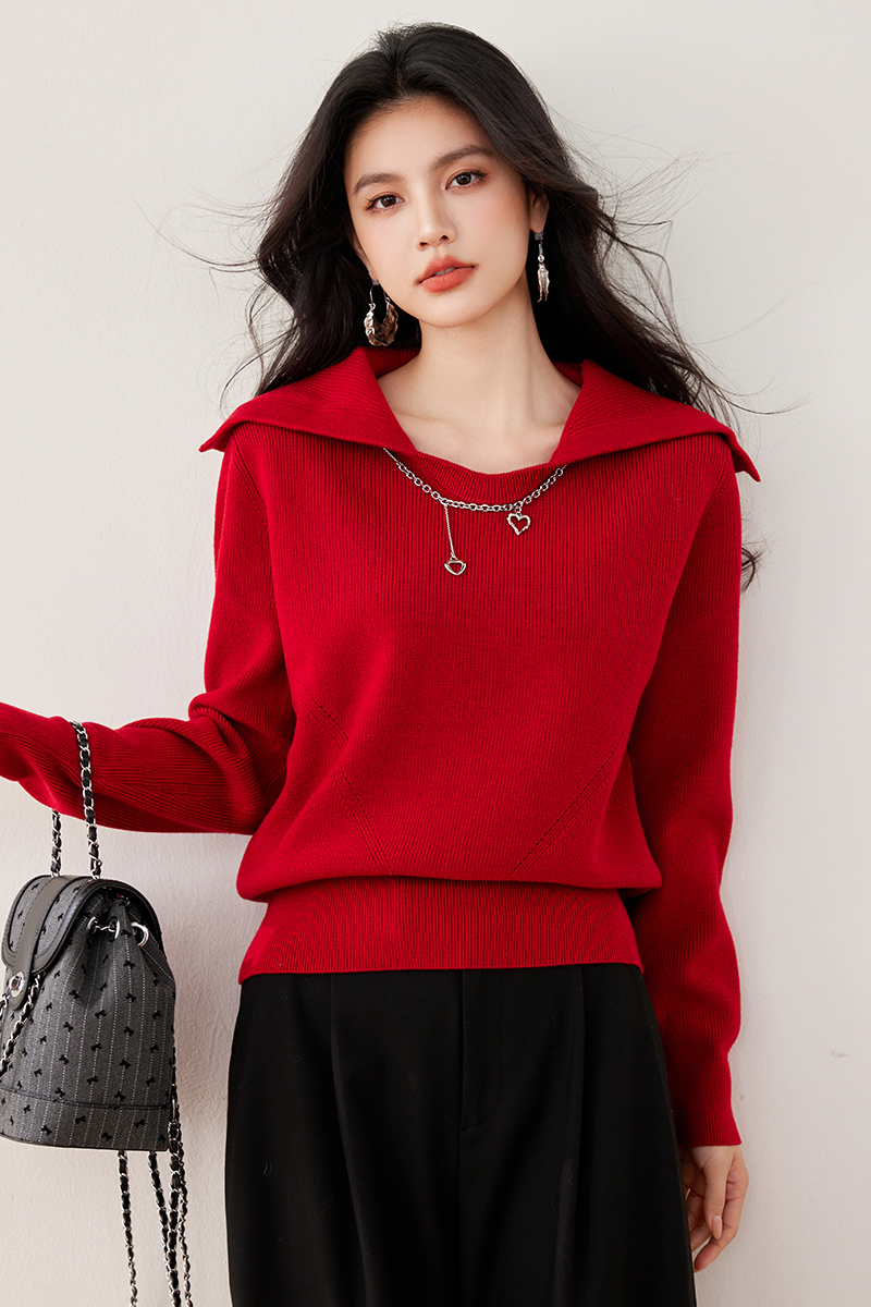 Red autumn and winter tops navy collar sweater for women