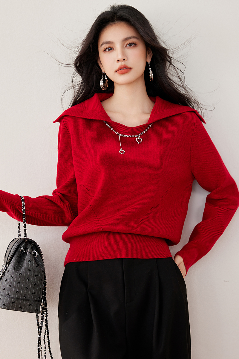 Red autumn and winter tops navy collar sweater for women