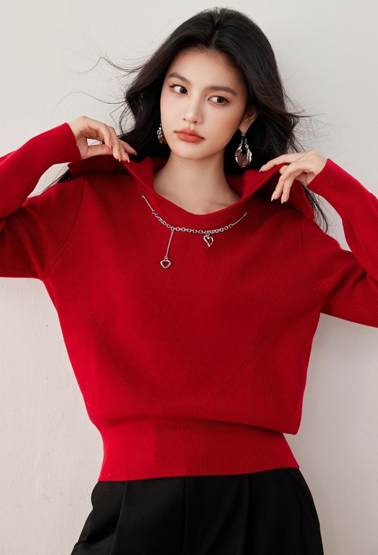 Red autumn and winter tops navy collar sweater for women