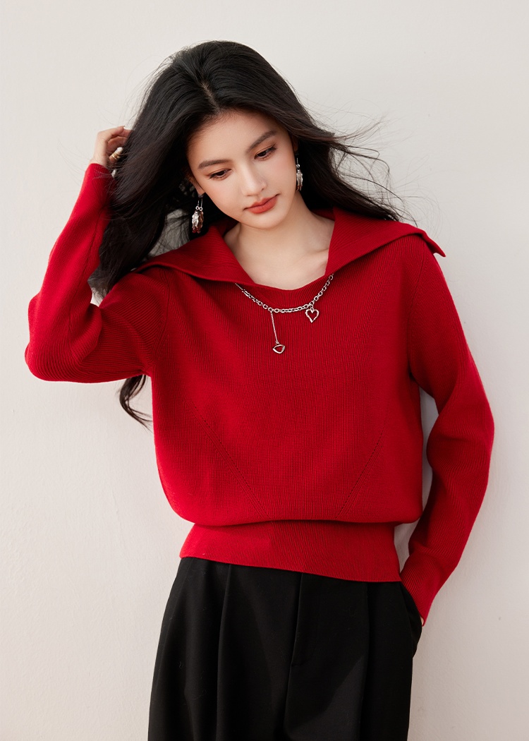 Red autumn and winter tops navy collar sweater for women