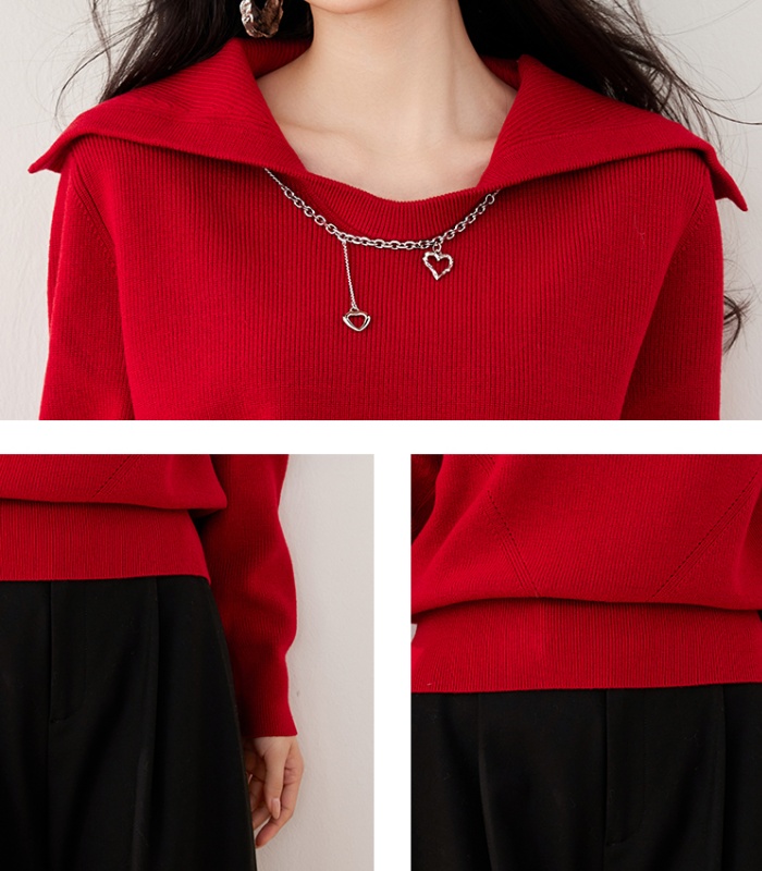 Red autumn and winter tops navy collar sweater for women