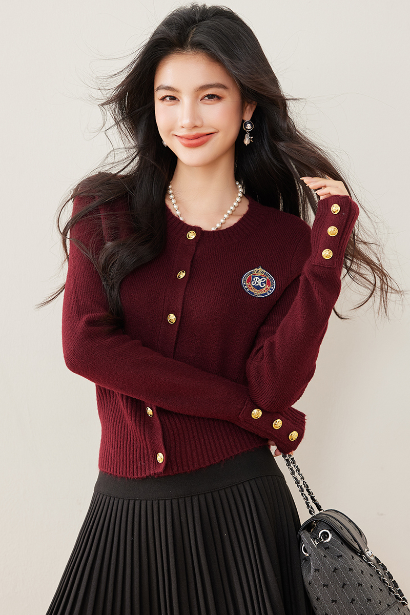 Embroidery college style cardigan knitted retro sweater