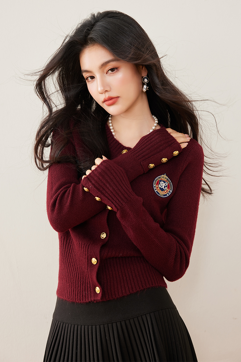 Embroidery college style cardigan knitted retro sweater