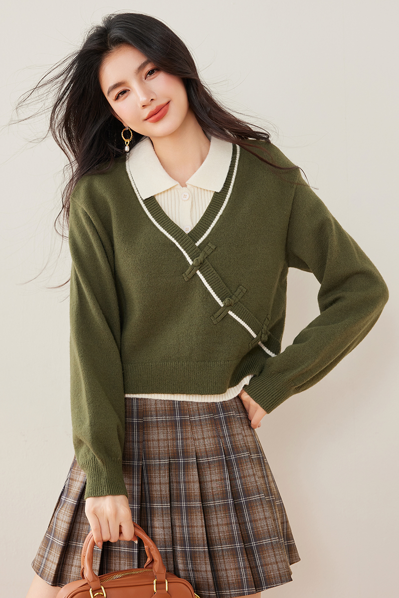 Mixed colors Pseudo-two sweater knitted tops for women