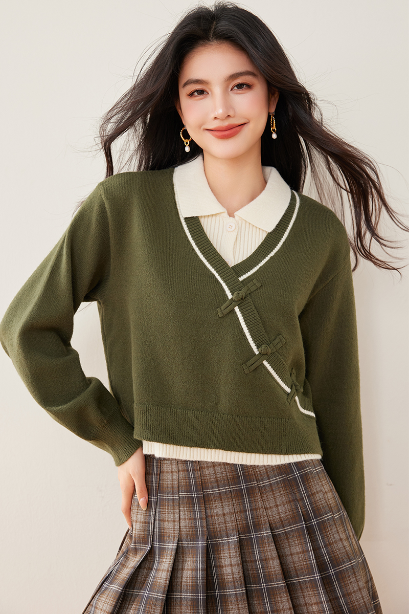 Mixed colors Pseudo-two sweater knitted tops for women