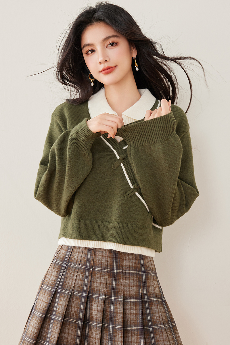 Mixed colors Pseudo-two sweater knitted tops for women