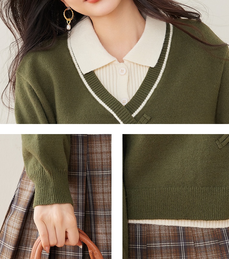 Mixed colors Pseudo-two sweater knitted tops for women