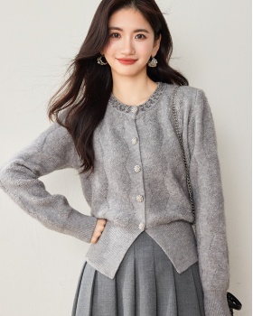 Gray retro sweater winter knitted cardigan for women