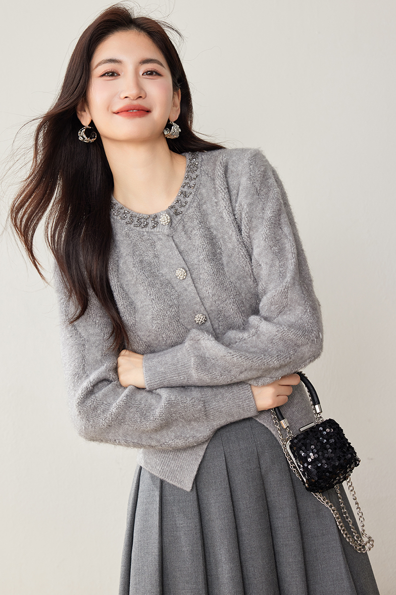 Gray retro sweater winter knitted cardigan for women