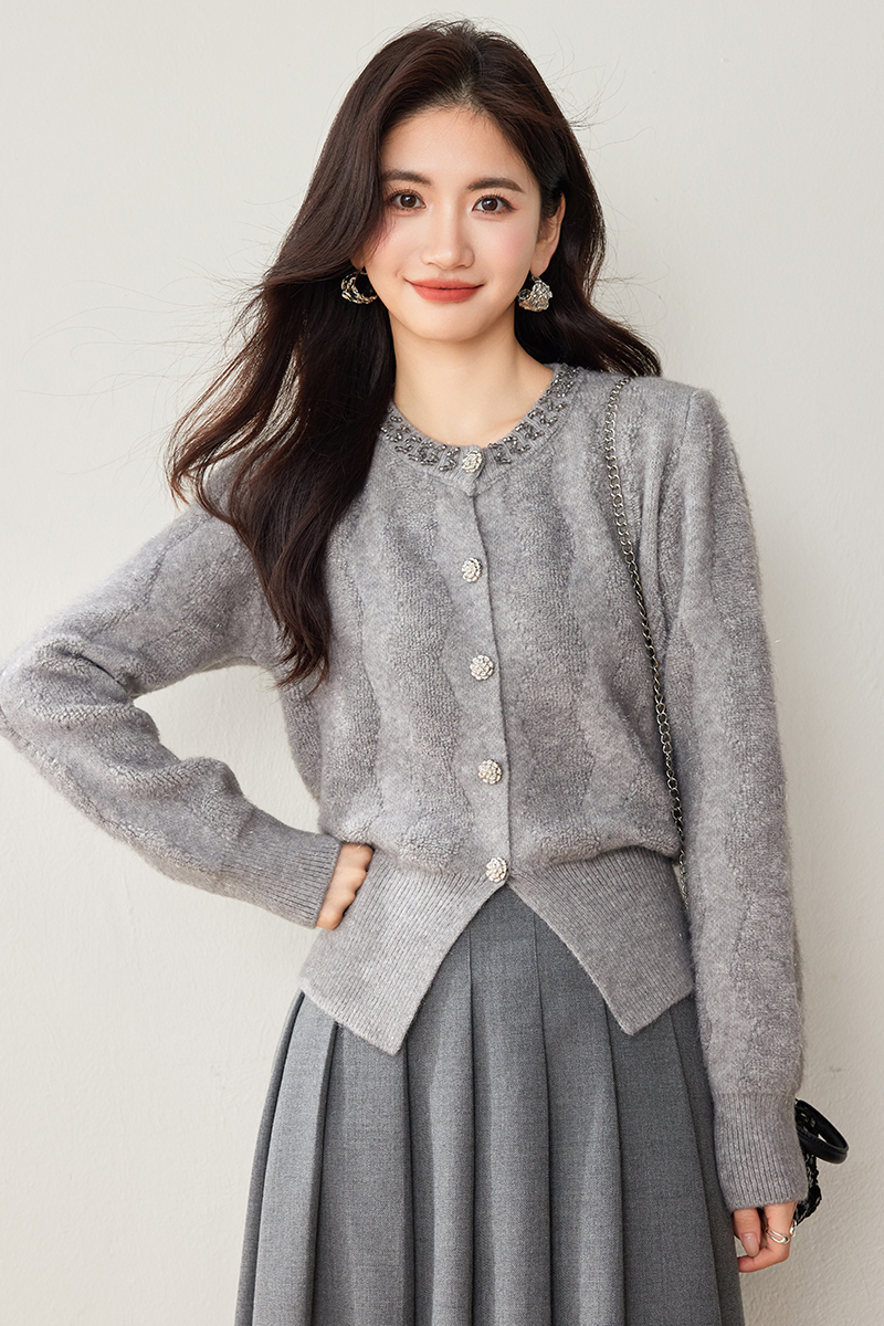 Gray retro sweater winter knitted cardigan for women