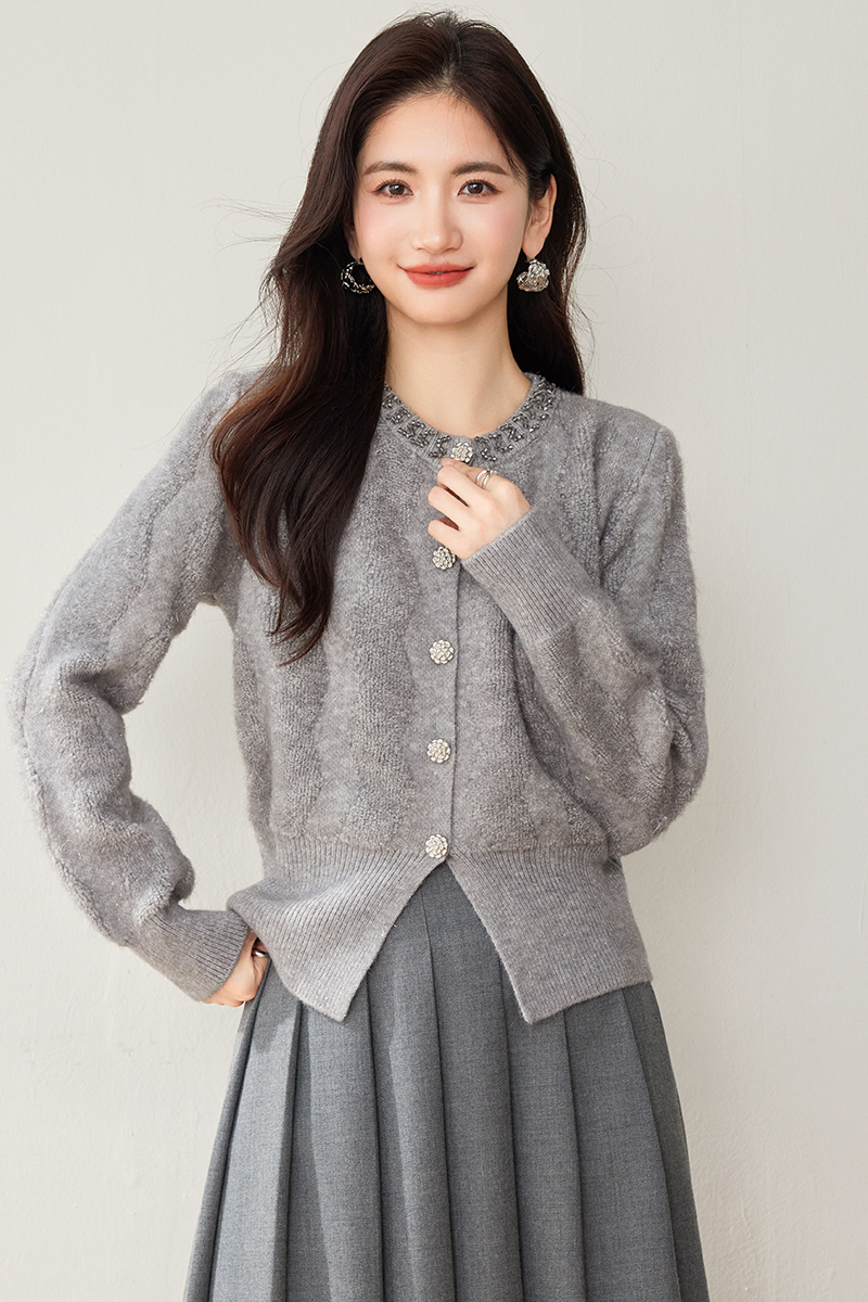 Gray retro sweater winter knitted cardigan for women