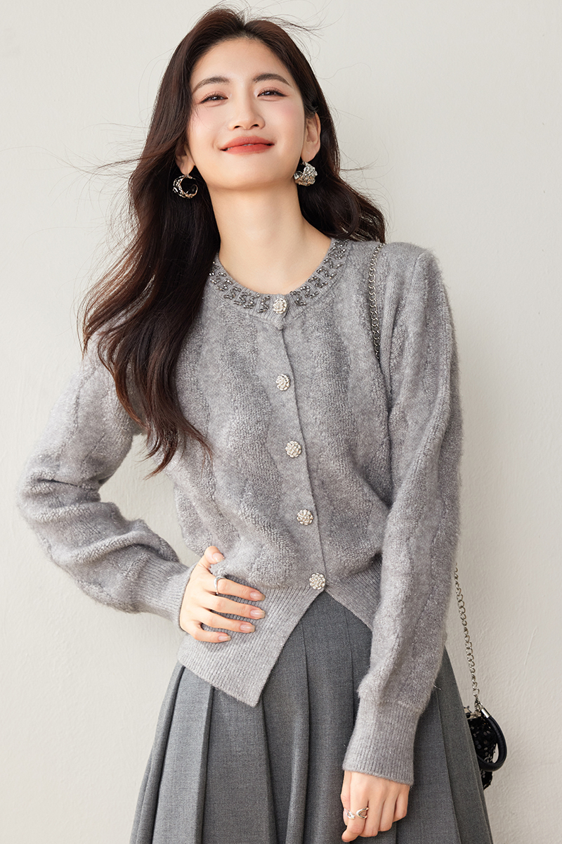 Gray retro sweater winter knitted cardigan for women