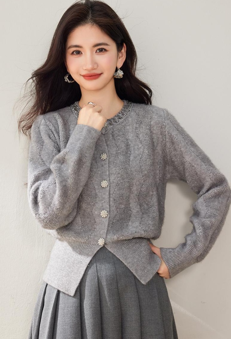 Gray retro sweater winter knitted cardigan for women